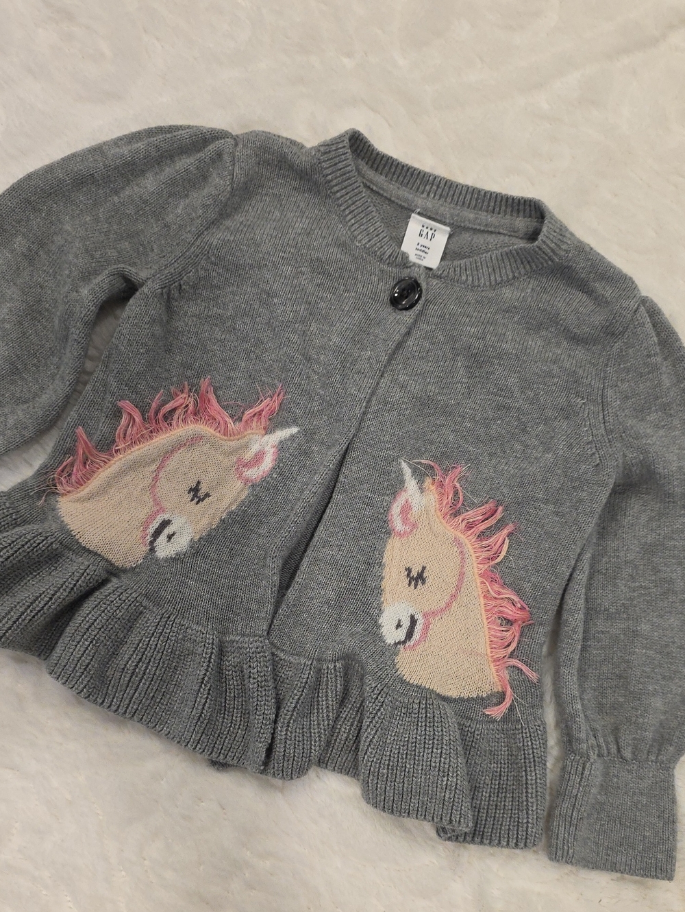 GAP Gray Knit Cardigan with Pink-Maned Unicorns